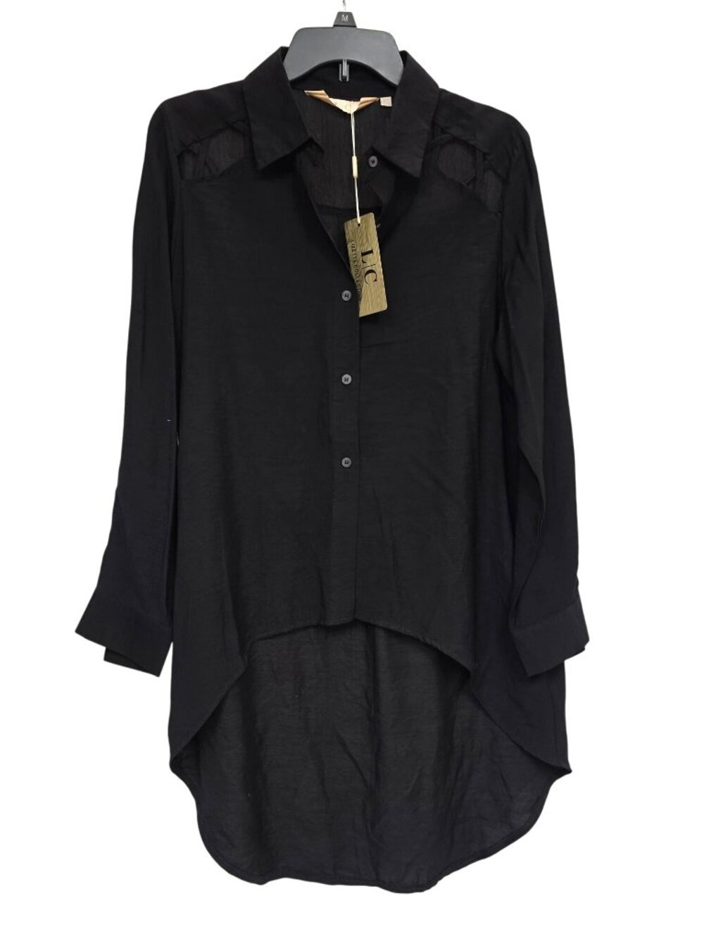 Lizette Collection Black High Low Blouse L Lattice Shoulder Button Down Shirt NW